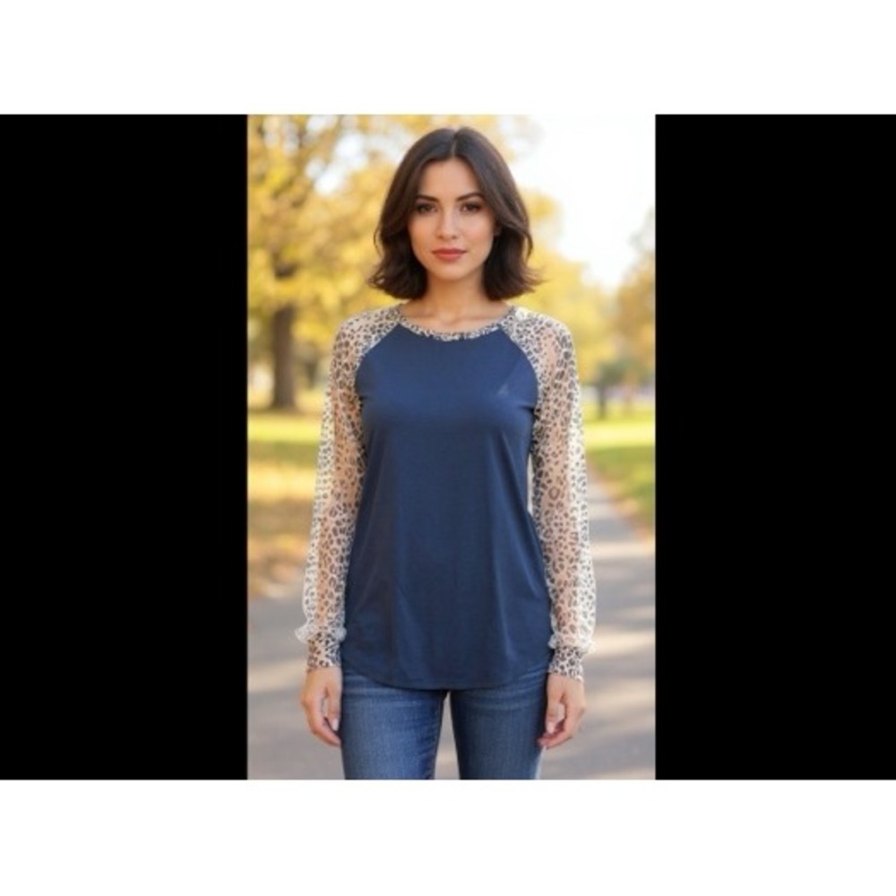 Womens Navy Blue Leopard Print Long Sleeve‎ Raglan Top Blouse